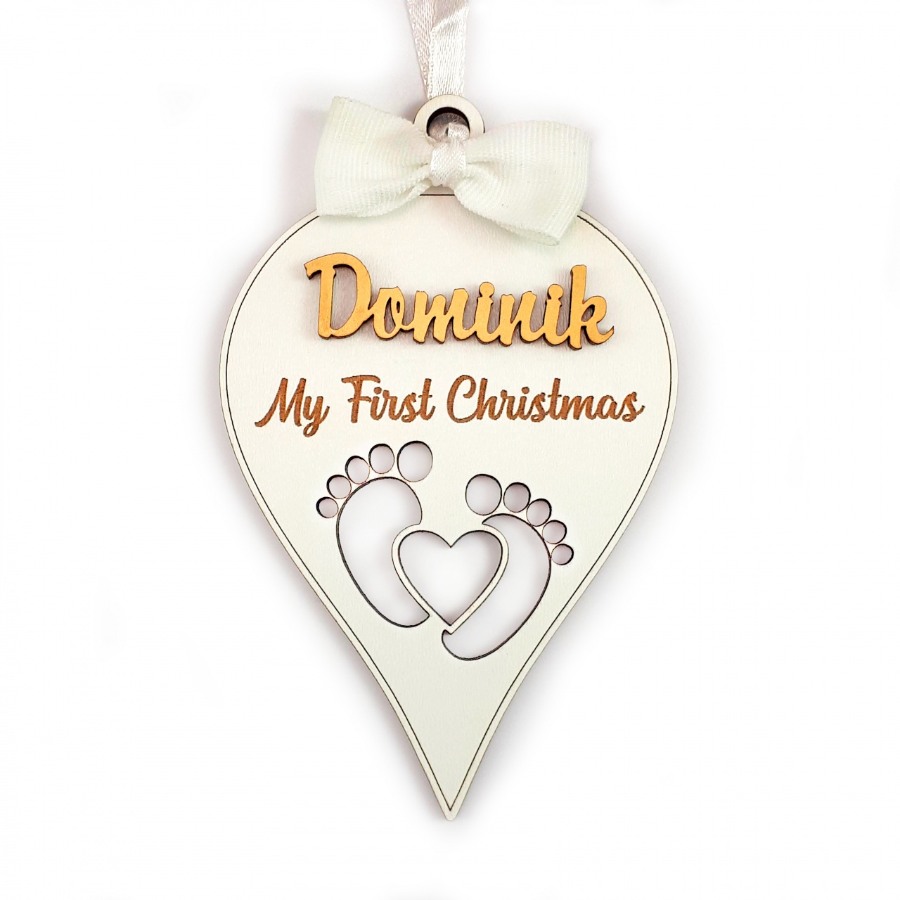 Ornament cu nume, HDF alb, diametru 9 cm