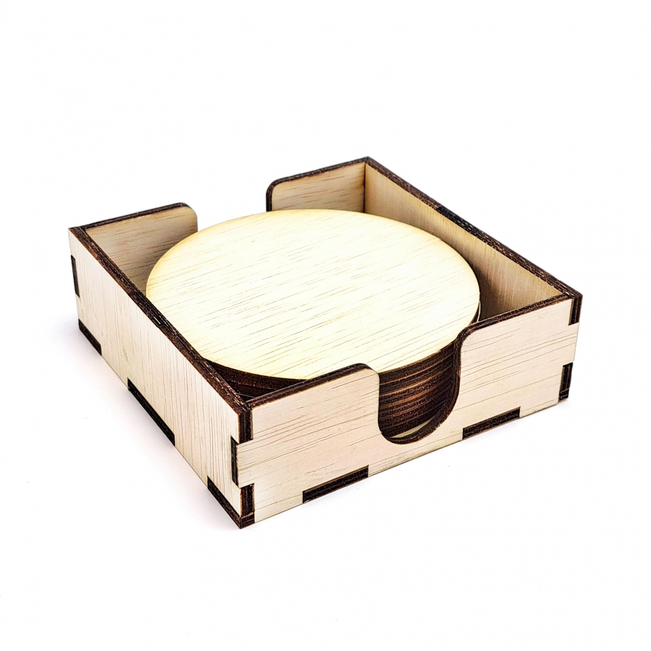 Cutie verticală cu 6 buc coaster rotund, 10×9.3×3,5 cm, placaj
