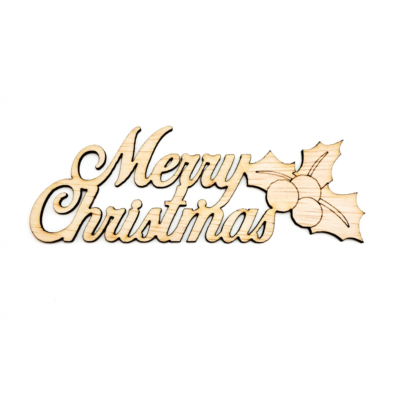 Decor Merry Christmas cu holly, 15×5,4 cm, placaj lemn