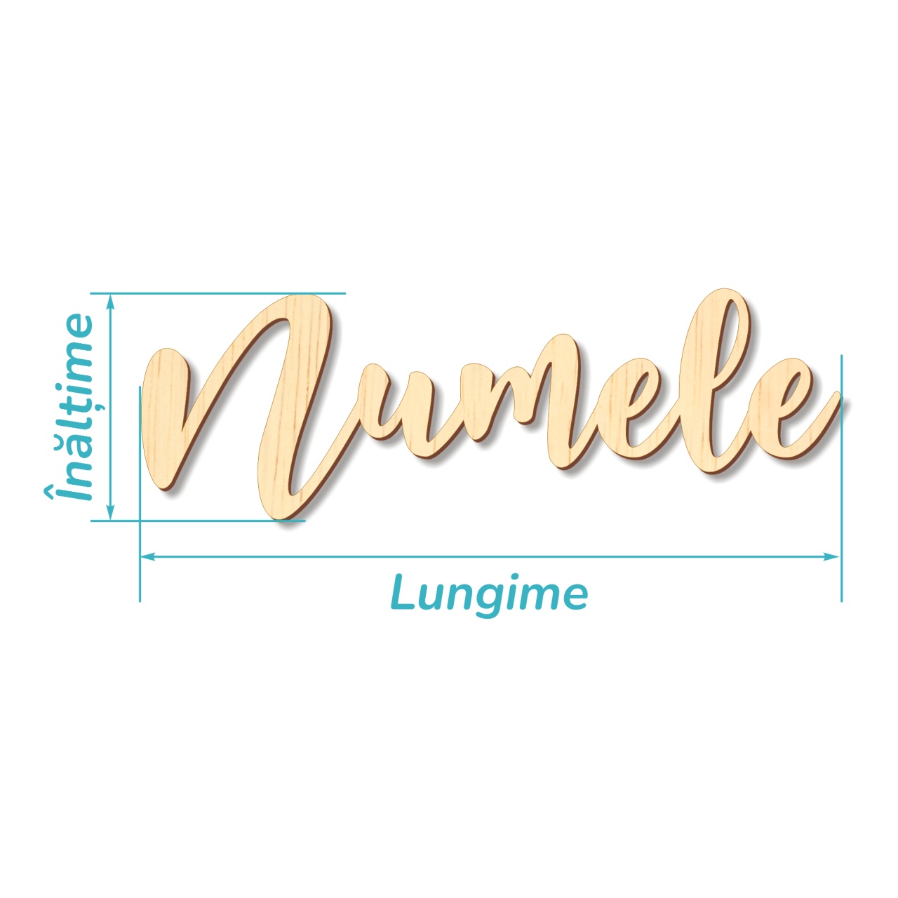 Nume pentru eveniment scris caligrafic, max. 15 cm lungime, placaj lemn