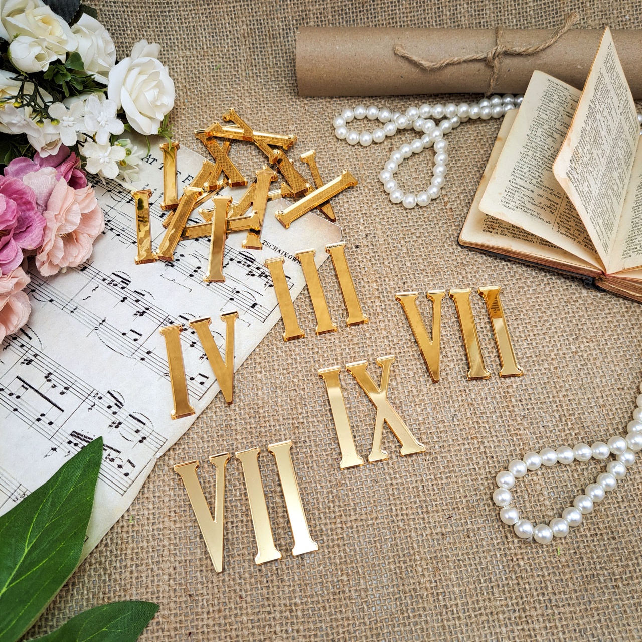 Cifre romane pentru ceas 1-12, 10 cm, plexi oglindă aurie