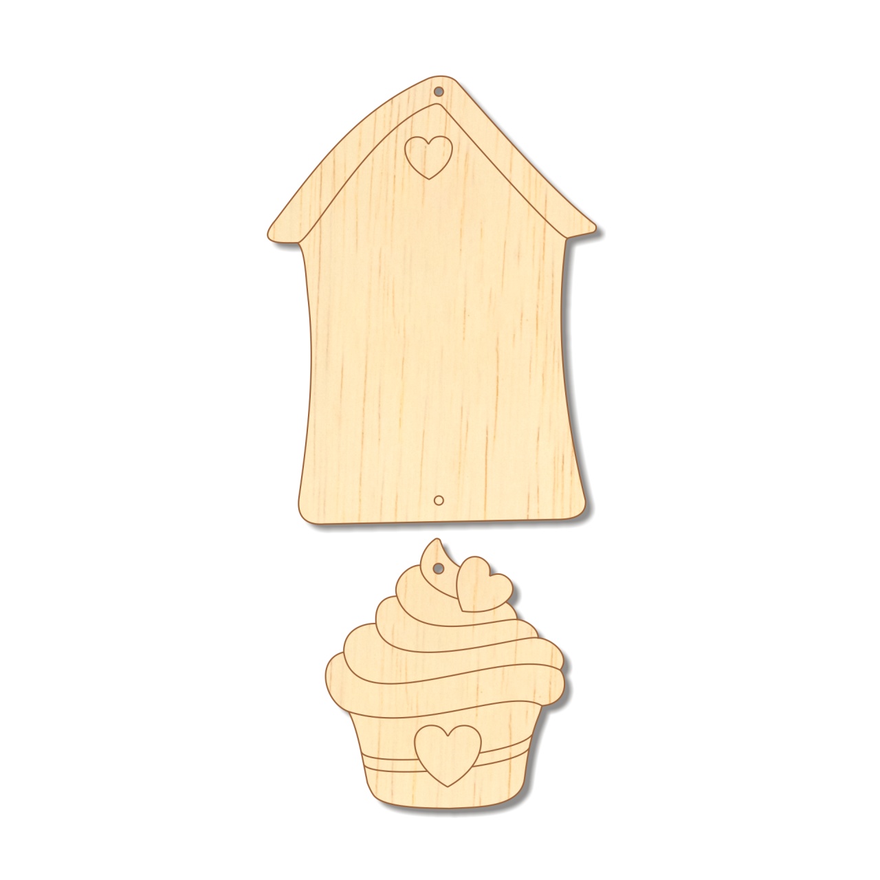Căsuță cu muffin și inimă, decor triptic, 11×33 cm, placaj lemn