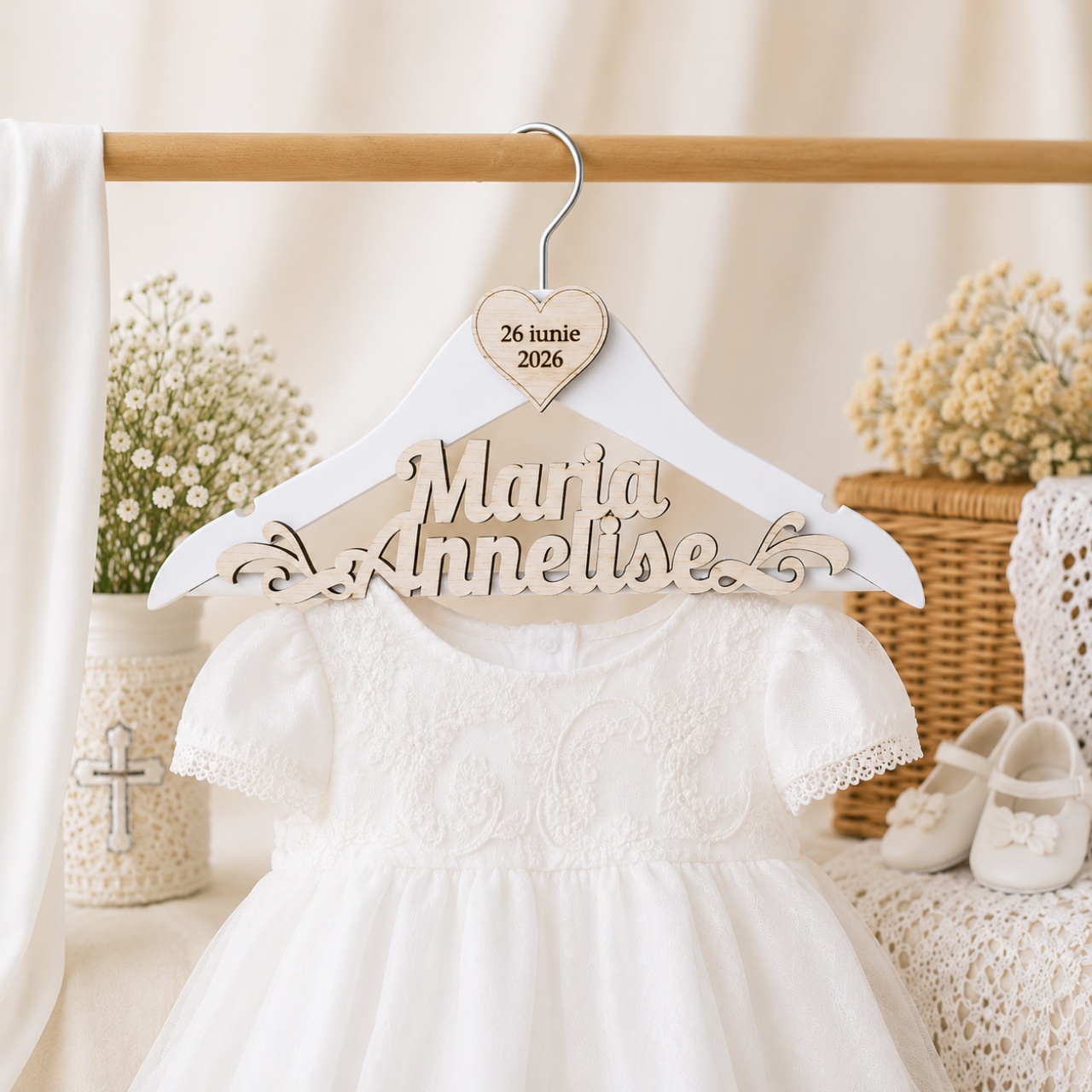 Set baby 4 forme cu date naștere și un nume 15 cm lungime, HDF alb