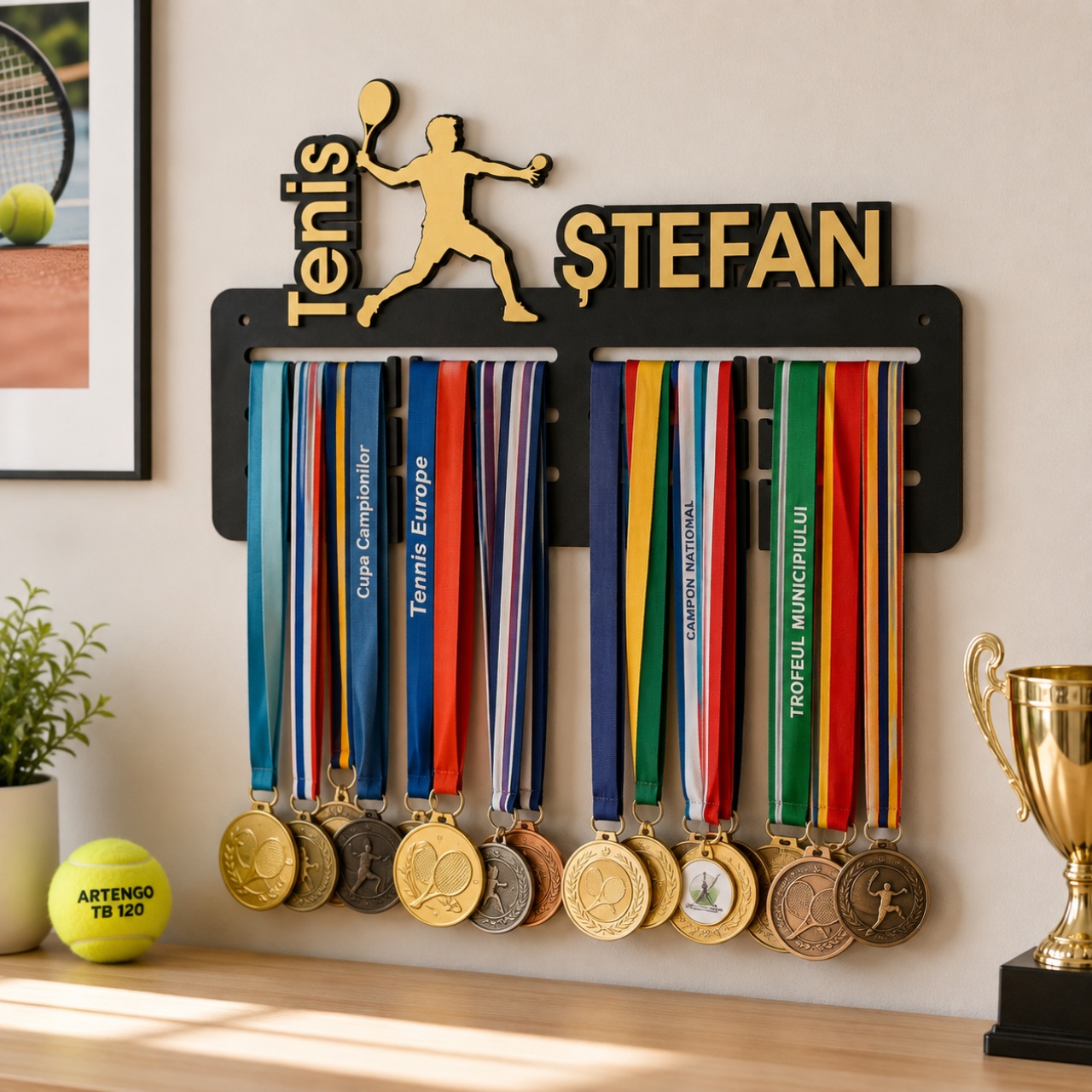 Suport medalii personalizat cu 1 prenume, Tenis, 40×26 cm, lemn