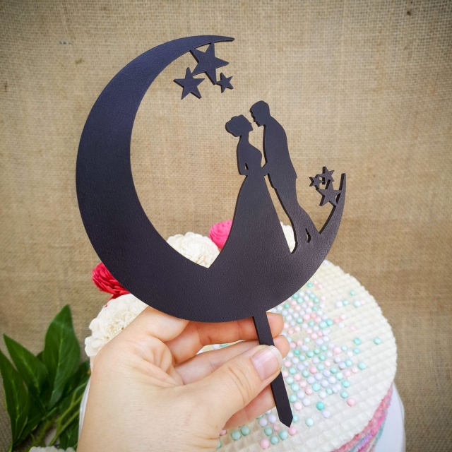Topper miri cu lună și stele, 13,5×20 cm, HDF negru