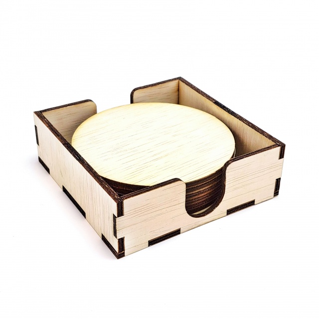 Cutie cu 6 buc coaster rotund, 10×10×3.5 cm, placaj