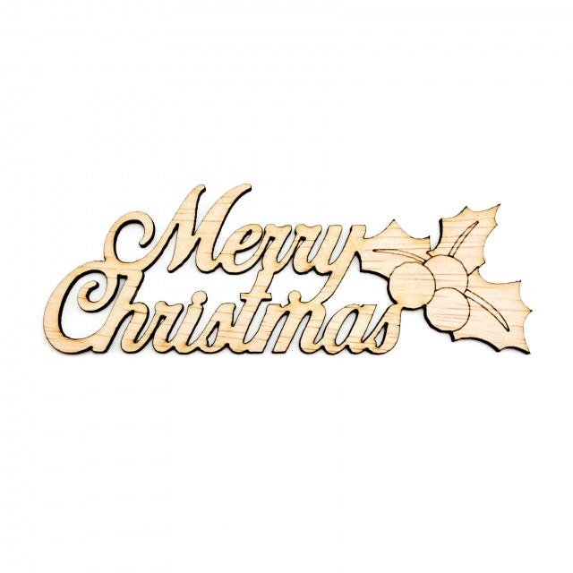 Decor Merry Christmas cu holly, 8×2,9 cm, placaj lemn :: 8 cm