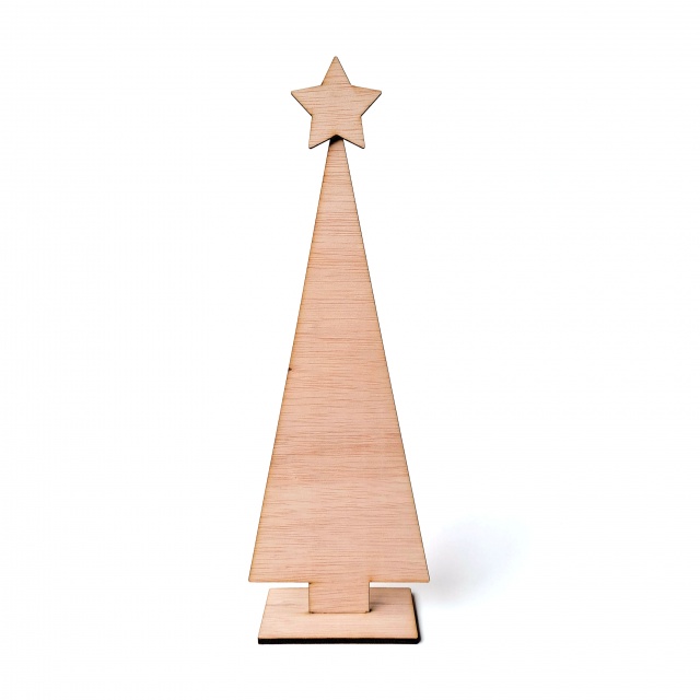 Brad minimalist cu bază și stea, 35 cm înălțime, placaj lemn natur :: 35 cm
