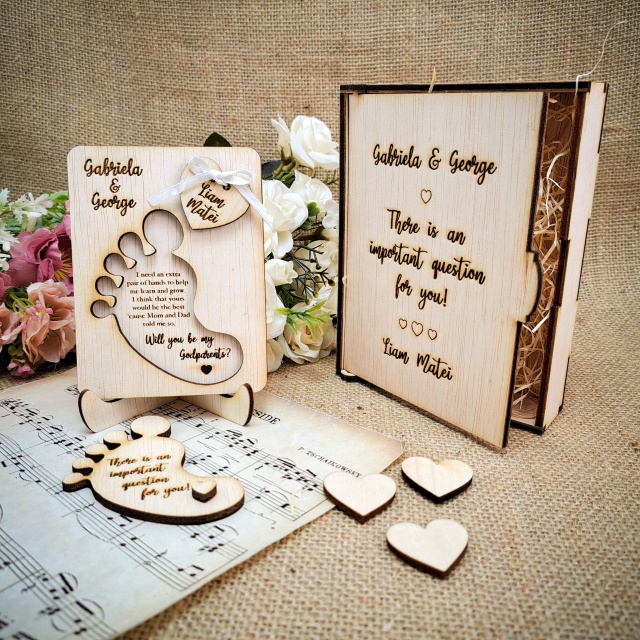 Set cerere nași personalizat, 12×16×4 cm, placaj lemn