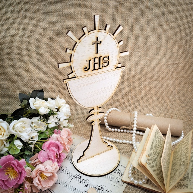 Hostie în potir cu bază, 12×27×10 cm, placaj lemn :: 27 cm