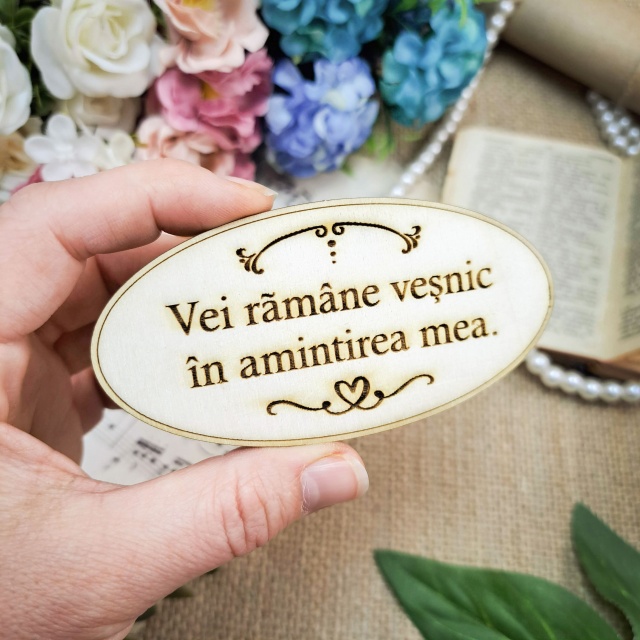Etichetă ovală cu mesaj și țirade, 10×5 cm, placaj lemn