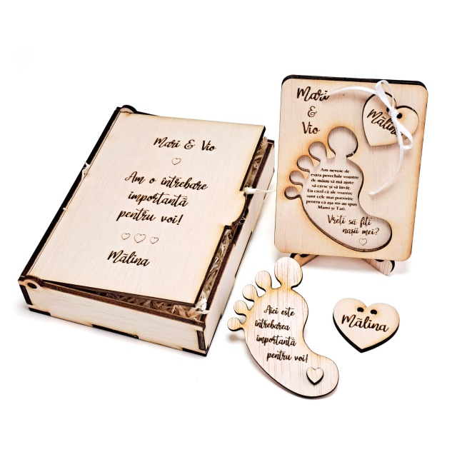 Set cerere nași personalizat, 12×16×4 cm, placaj lemn