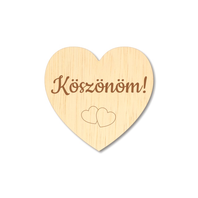 Inimioară gravată Köszönöm!, 5×4,8 cm, placaj