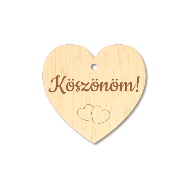 Inimioară gravată Köszönöm!, 5×4,8 cm, placaj