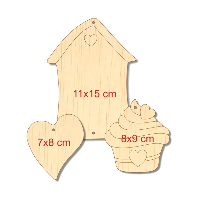 Căsuță cu muffin și inimă, decor triptic, 11×33 cm, placaj lemn