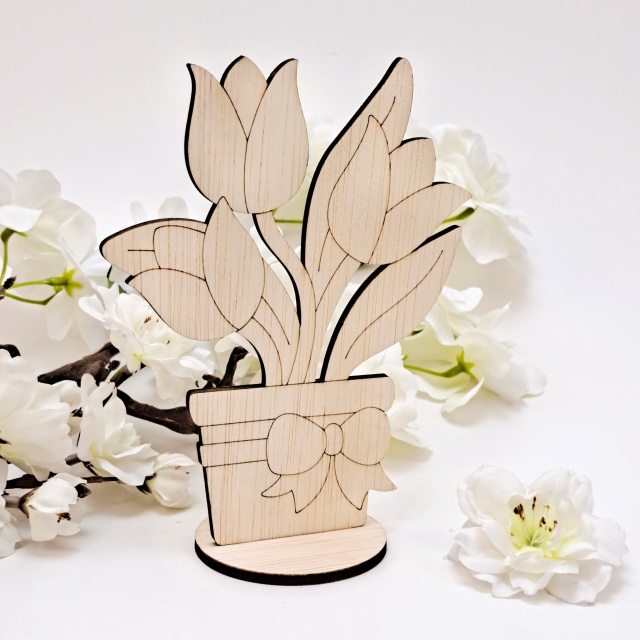 3 lalele în ghiveci, 11,5×15x6 cm, placaj