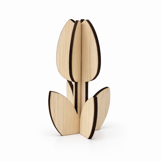 Lalea boboc cu 4 frunze 3d, 6,5×10 cm, placaj cu finisaj natural