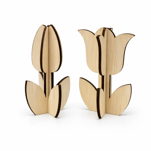 Două lalele 3d, 10 cm înălțime, placaj cu finisaj natural