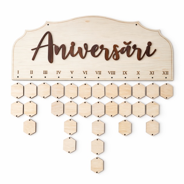 Calendar Aniversări cu 36 de hexagoane, 43x17,5 cm, placaj lemn natur