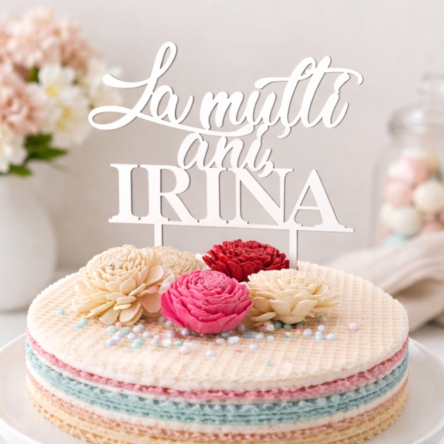 Topper La Mulți Ani cu un singur prenume, 16×18 cm, HDF alb