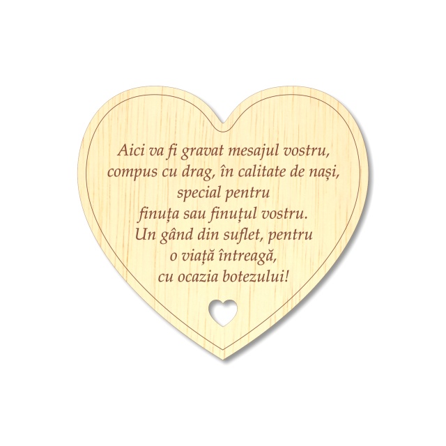 Inimă gravată pentru botez cu mesaj personalizat 8,5×8 cm, placaj lemn :: Personalizat