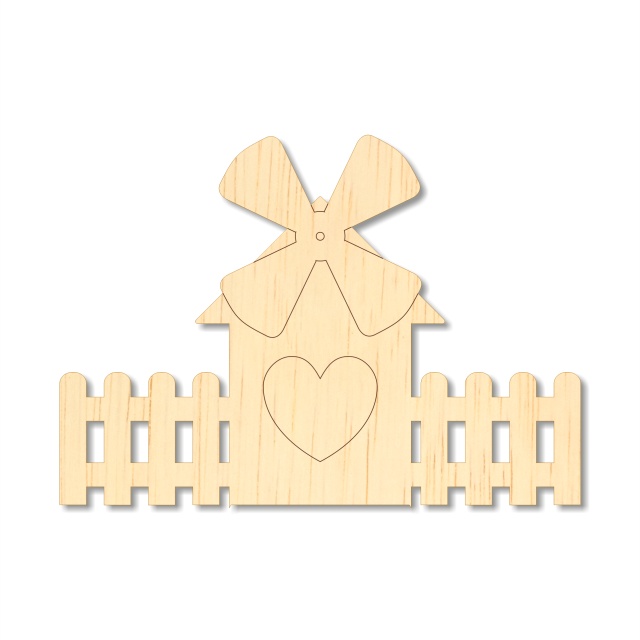Căsuță moară, inimioară și gard. 12×8,5 cm, placaj lemn