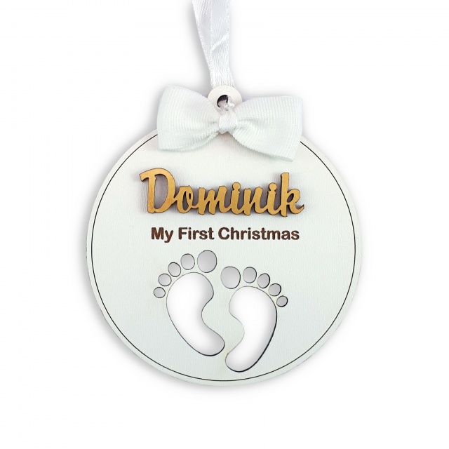 Ornament cu nume, HDF alb, diametru 9 cm