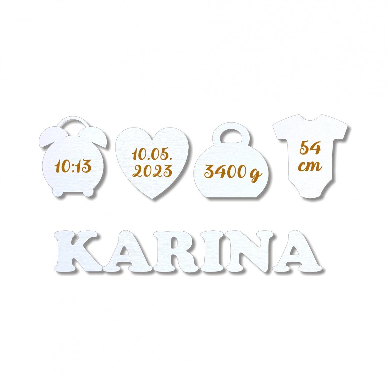 Set baby 4 forme cu date naștere și un nume 15 cm lungime, HDF alb :: 1 nume