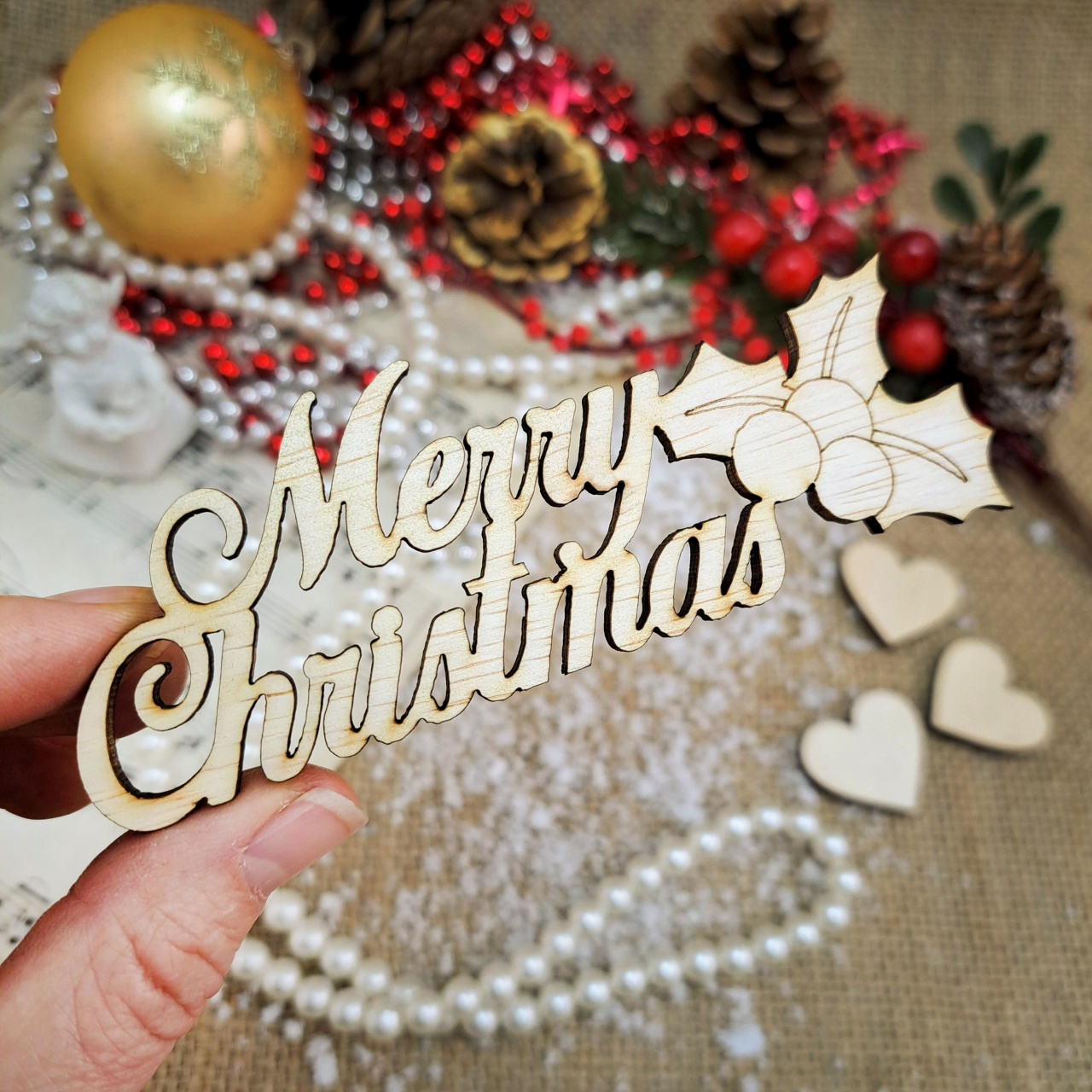 Decor Merry Christmas cu holly, 10×3,6 cm, placaj lemn :: 10 cm