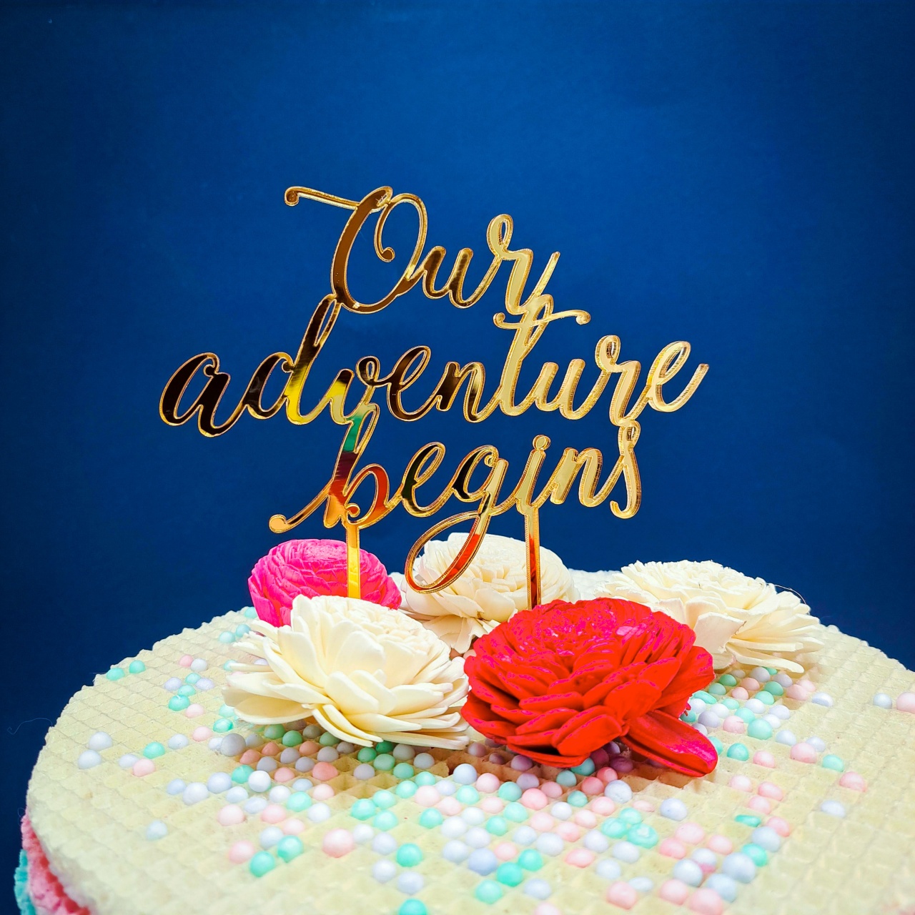 Topper Our adventure begins, 15×16 cm, plexiglas oglindă aurie :: Acrilic