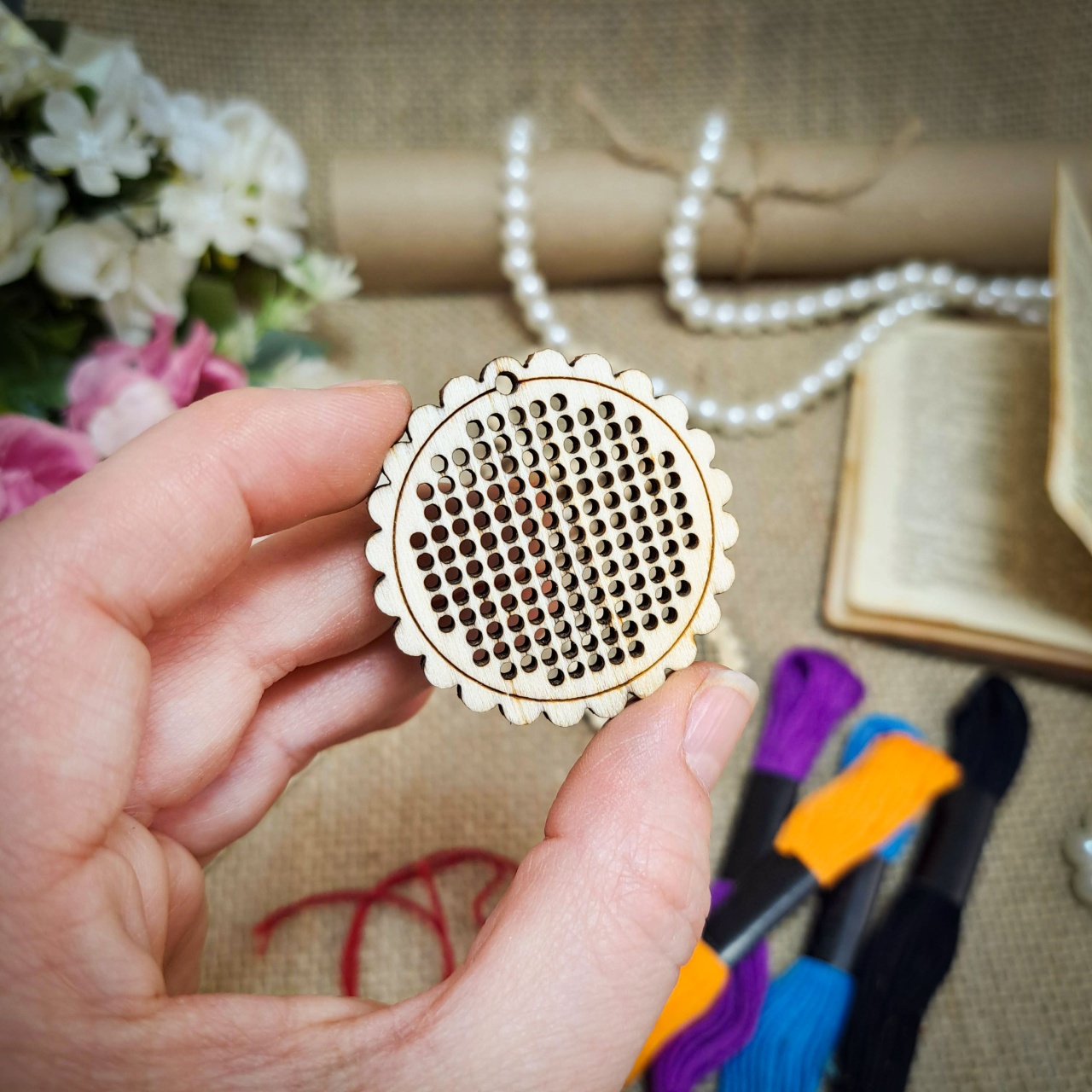 Floare bază broderie, 41 mm, placaj lemn