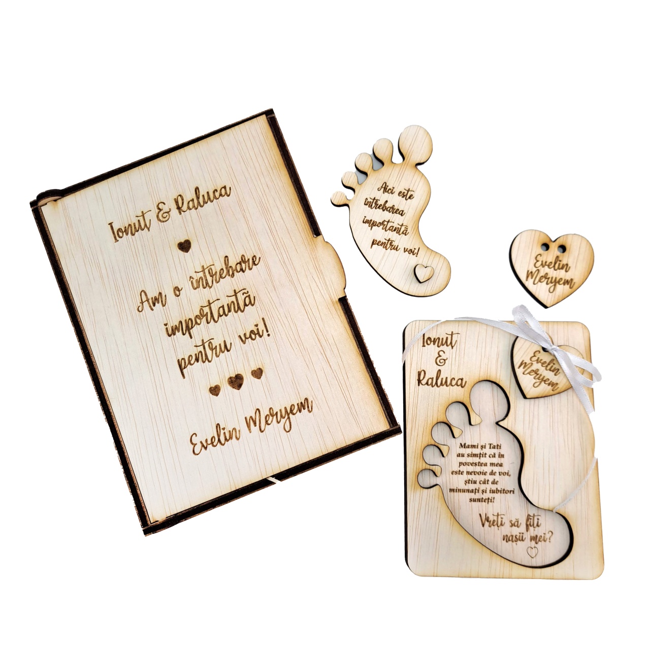 Set cerere nași personalizat, 12×16×4 cm, placaj lemn