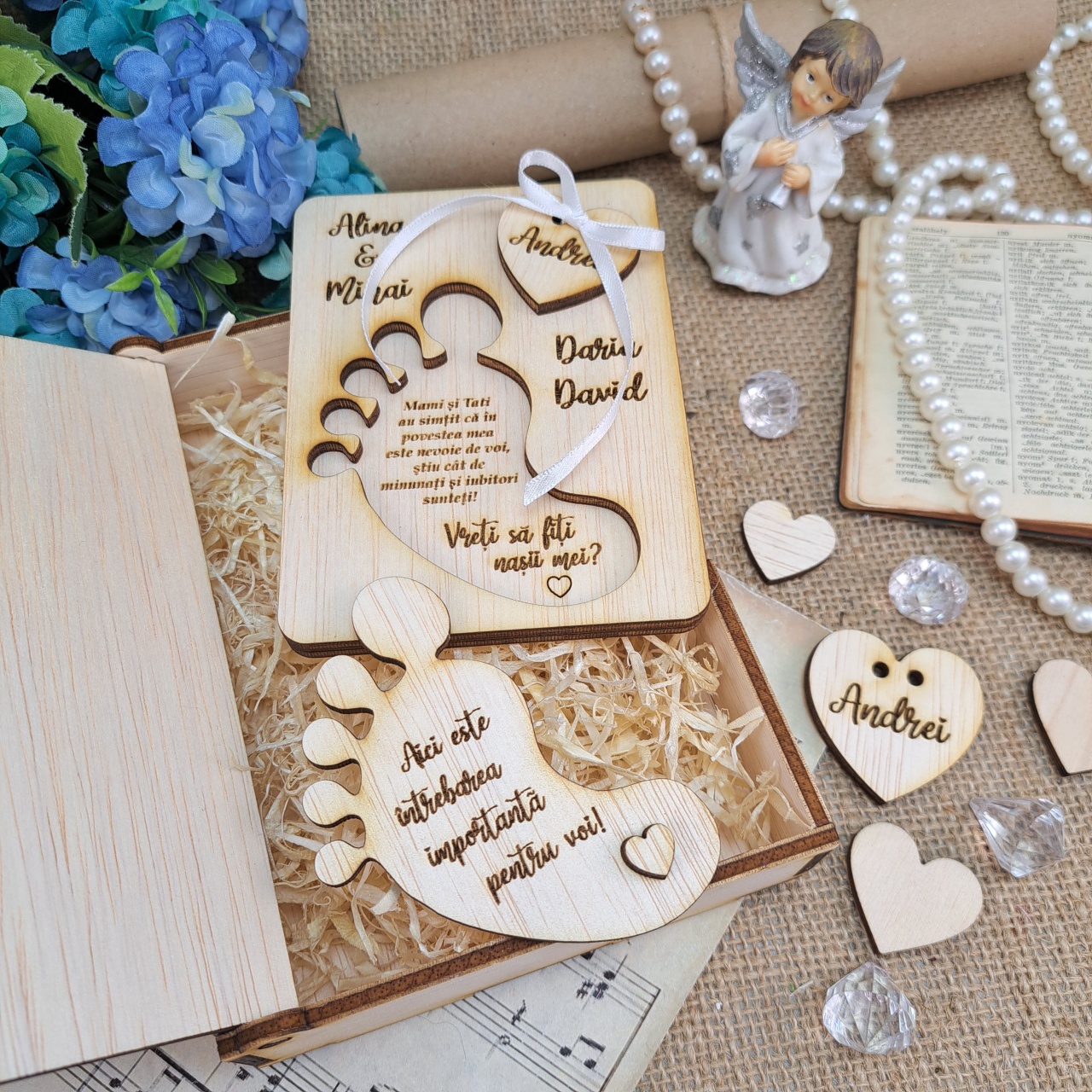 Set cerere nași personalizat, 12×16×4 cm, placaj lemn