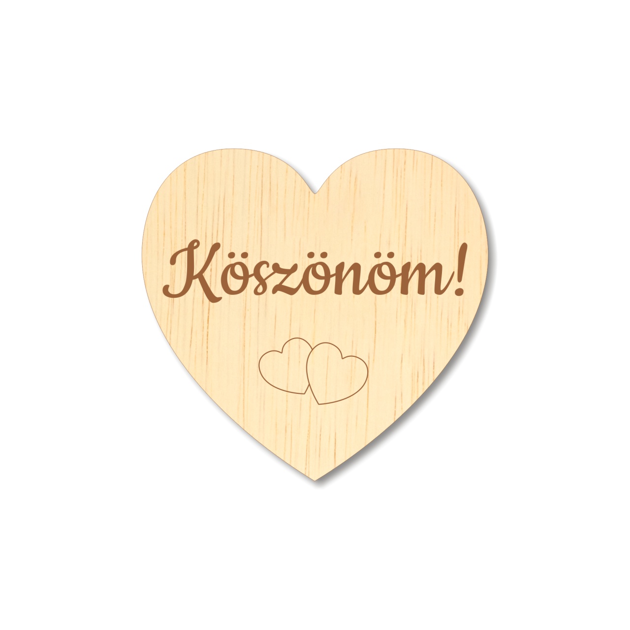 Inimioară gravată Köszönöm!, 5×4,8 cm, placaj