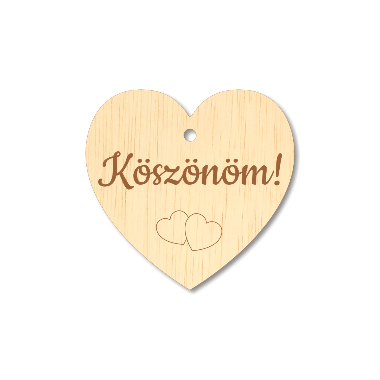 Inimioară gravată Köszönöm!, 5×4,8 cm, placaj
