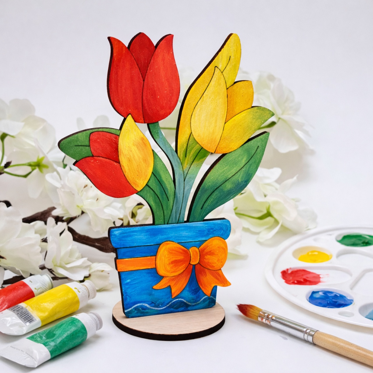 3 lalele în ghiveci, 11,5×15x6 cm, placaj