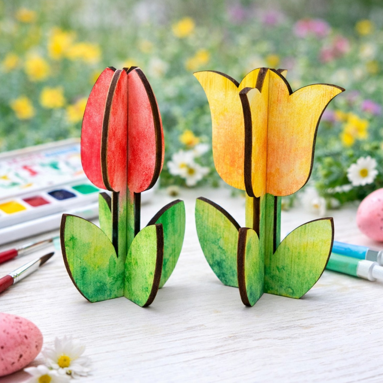 Lalea cu 4 frunze 3d, 7×10 cm, placaj cu finisaj natural