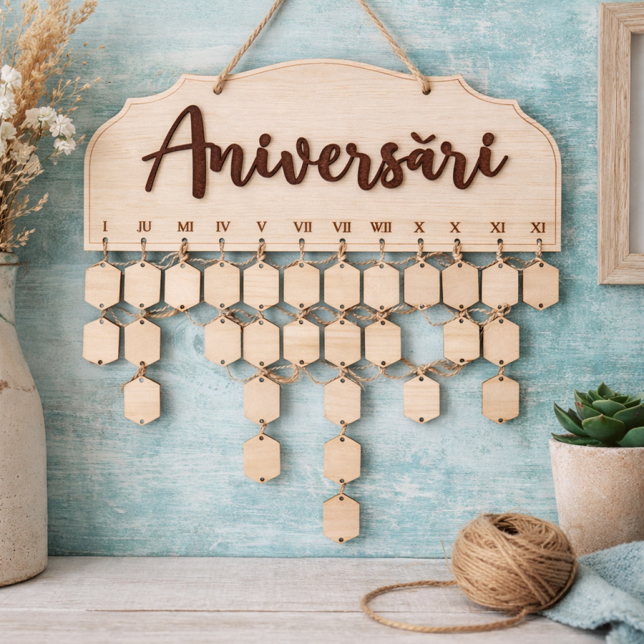 Calendar Aniversări cu 36 de hexagoane, 43x17,5 cm, placaj lemn natur