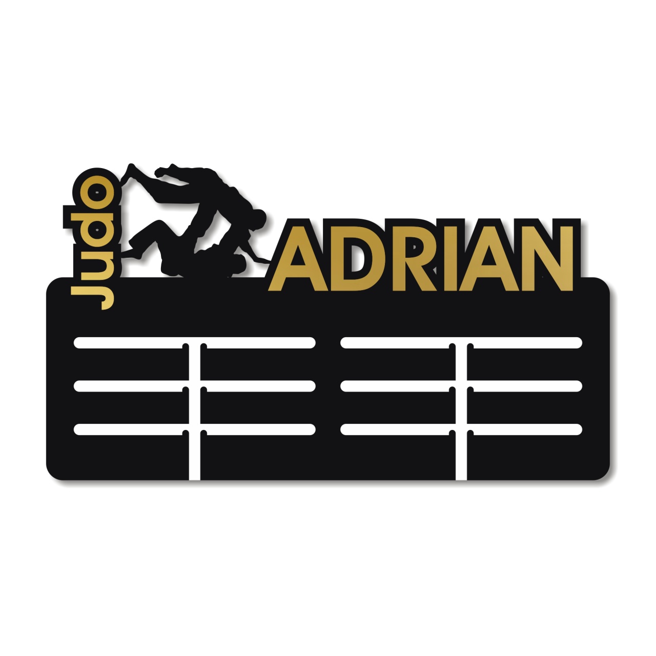 Suport medalii personalizat cu un prenume, Judo, 50×26 cm, lemn