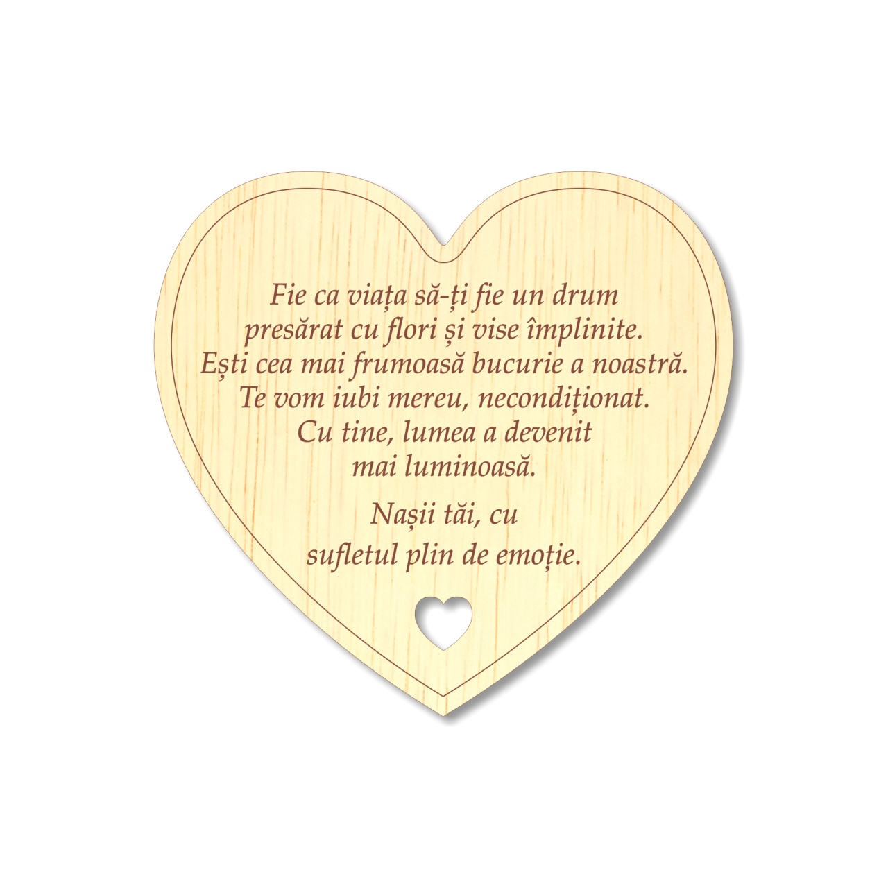 Inimă gravată cu mesaj pentru botez, 8,5×8 cm, placaj lemn :: Varianta 1