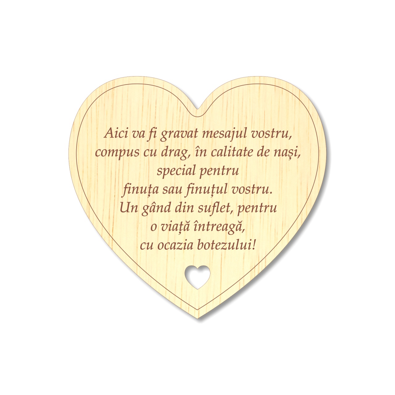 Inimă gravată pentru botez cu mesaj personalizat 8,5×8 cm, placaj lemn :: Personalizat