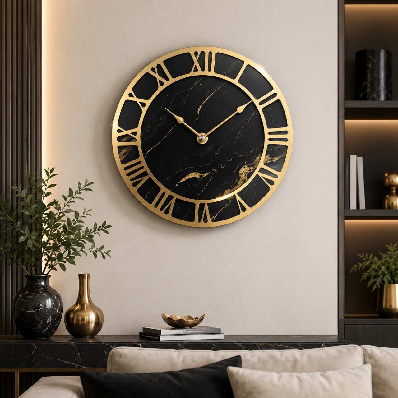 Cadran ceas cu cifre romane, Ø35 cm, plexi auriu oglindă :: 35 cm