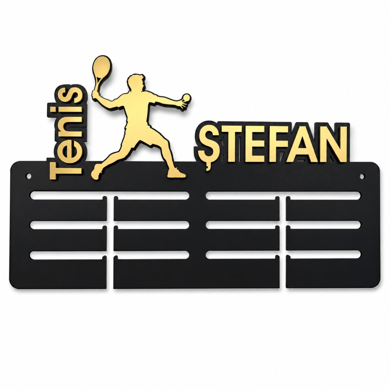 Suport medalii personalizat cu 1 prenume, Tenis, 40×21 cm, lemn :: Masculin