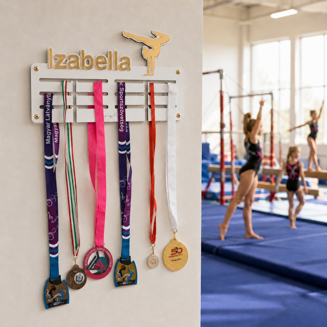 Suport medalii personalizat cu un prenume, gimnastică, 40×23,5 cm, lemn HDF și plexiglas