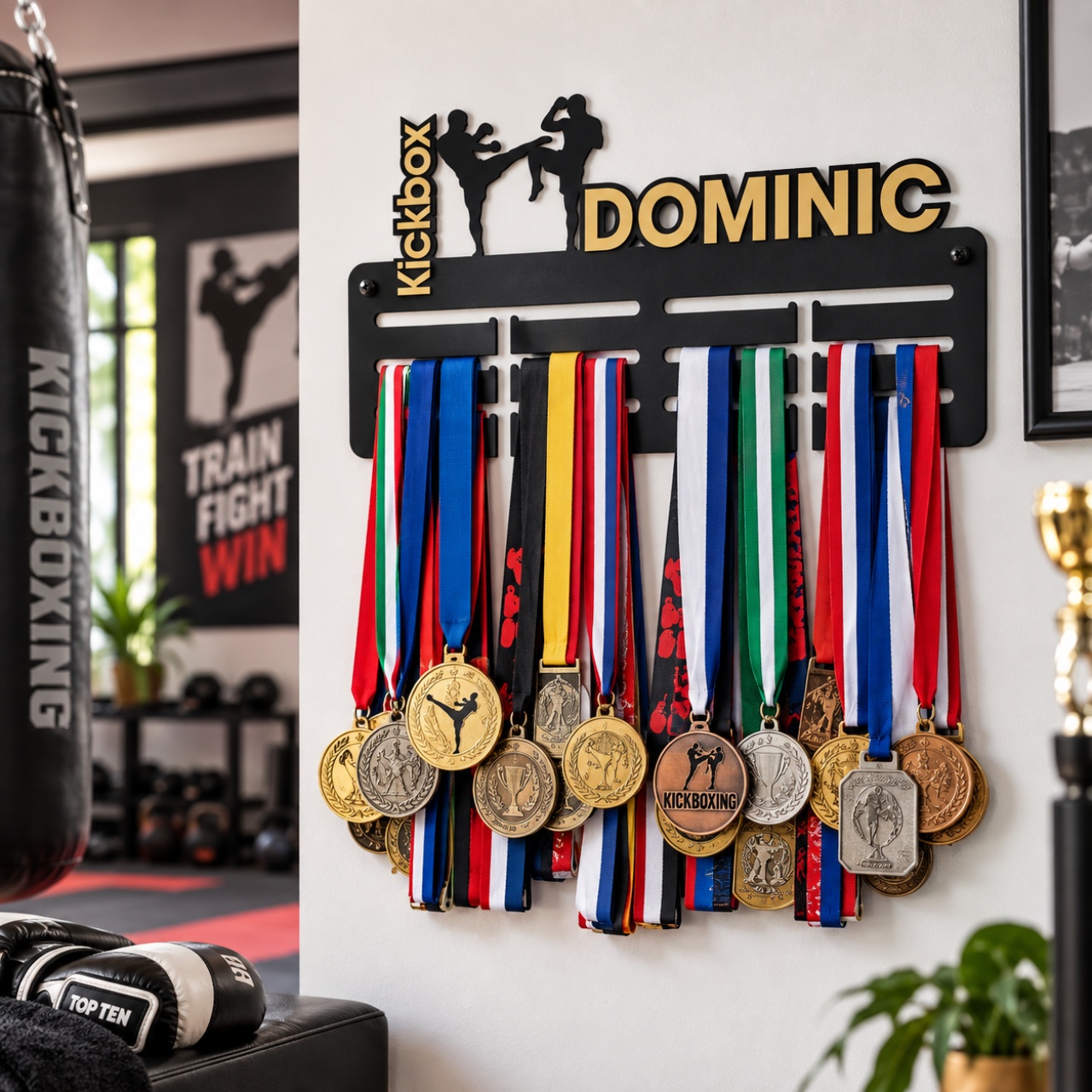 Suport medalii personalizat cu un prenume, Kickboxing, 40×21 cm, lemn