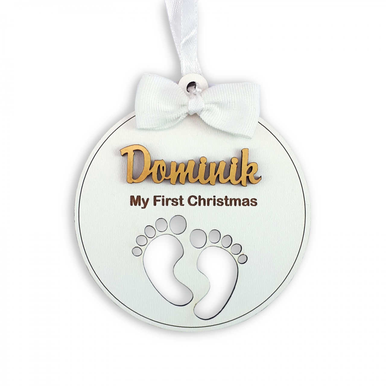 Ornament cu nume, HDF alb, diametru 9 cm